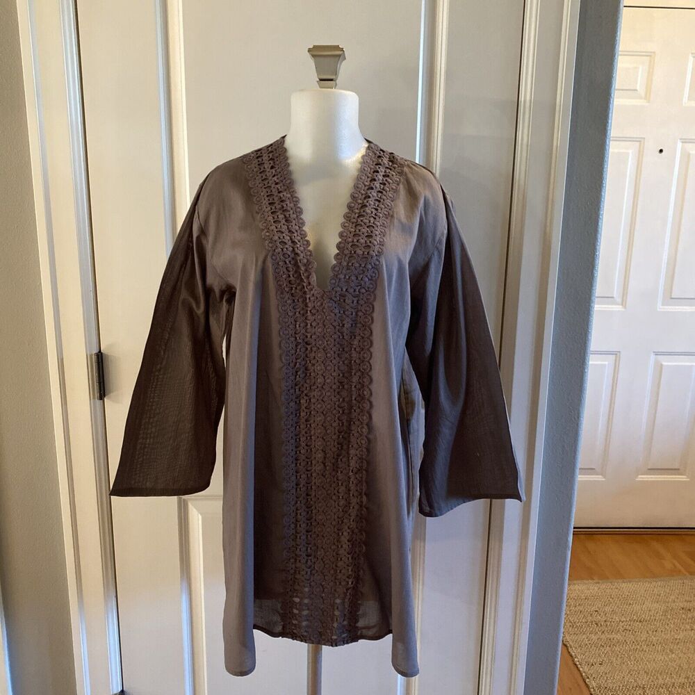 Garnet Hill Tunic Top S Gray Purple 3/4 Sleeve V Neck 100% Cotton Pullover
